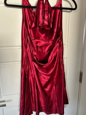 Red Satin Draped Halter Slip Dress